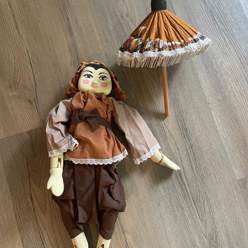 Hand Painted Wooden & Plush Asian Collectible Doll with Umbrella 18" Long